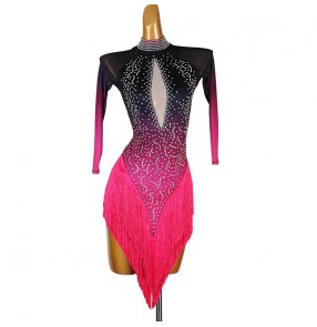 Fuchsia gradient competition latin dance dresses for women girls kids rhinestones tassels salsa rumba chacha performance costumes 